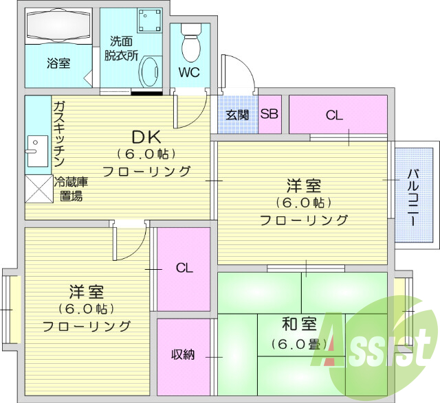 3DK、バストイレ別、独立洗面台、給湯、フローリング
