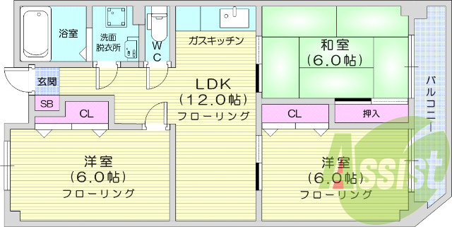 3LDK、バストイレ別、追い焚き機能、都市ガス、バルコニー