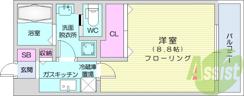 1K、浴室乾燥機、TV付インターホン、エアコン。