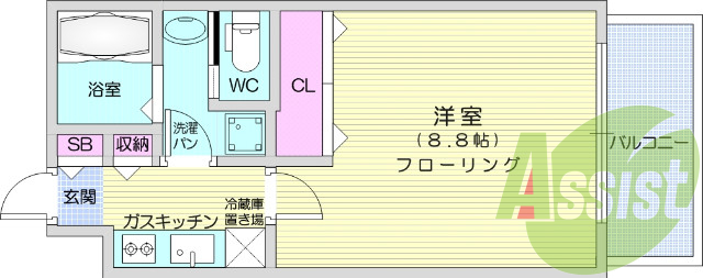 1K バストイレ別 バルコニー エアコン付き
