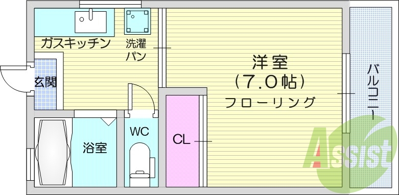 1K、フローリング、エアコン、クローゼット、バルコニー