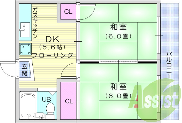 2DK、バストイレ共同、和室、バルコニー、南向き、洗面台