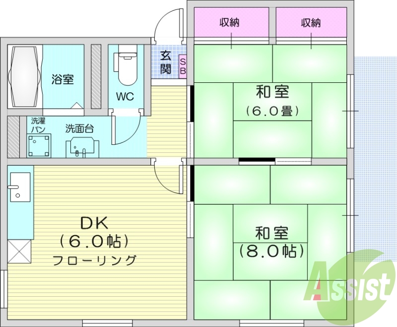 2DK、独立洗面台、エアコン、ウォシュレット、BS、CS