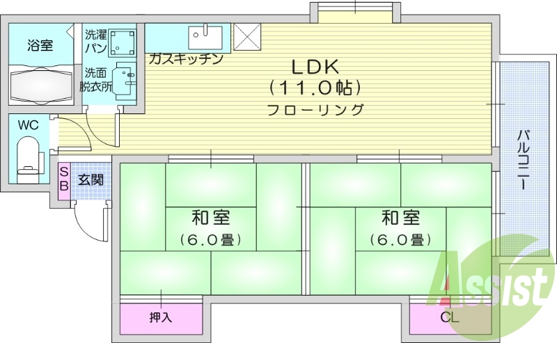 2LDK、エアコン、室内洗濯機置場、トイレ浴室別、収納