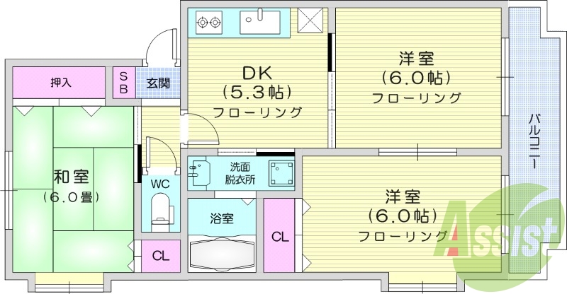 3DK、追い炊き機能、独立洗面台、エアコン