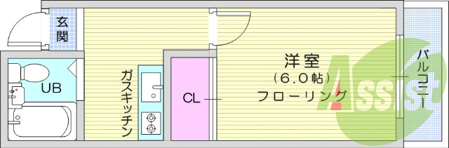 1K 、南向き、日当り・眺望良好、室内洗濯機置場あり。