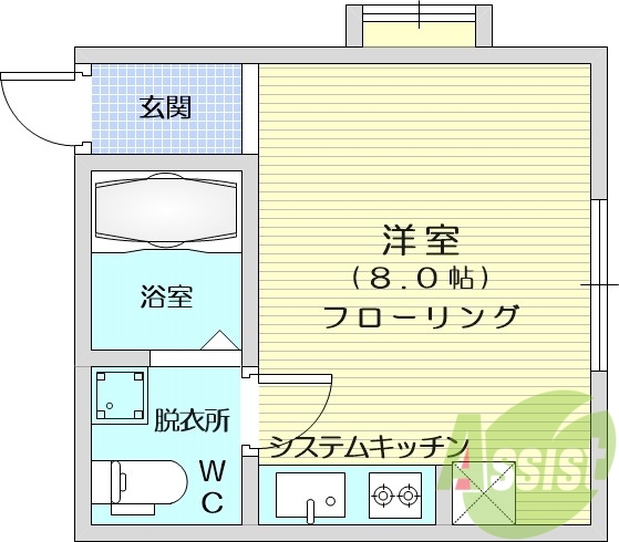 1R、家具家電付き、西向き、バストイレ別、フリーリング