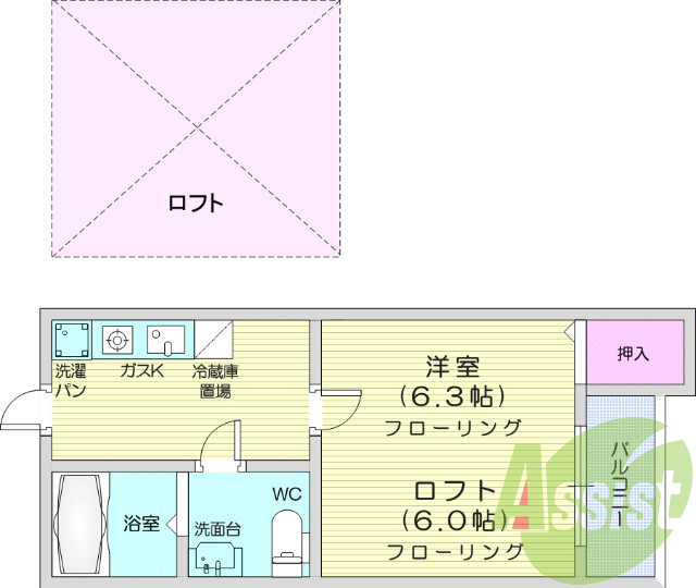 1R、ロフトつき、泉中央駅徒歩12分、八乙女駅徒歩14分