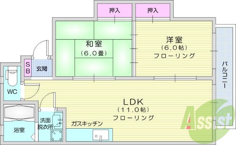 2LDK、都市ガス、独立洗面、温水洗浄便座、LDK10帖以上