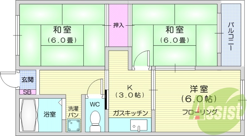 3K、エアコン、室内洗濯機置場、トイレ浴室別、収納