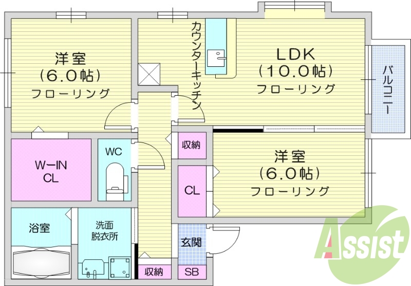 2LDK、独立洗面化粧台、バルコニー、追い炊き機能