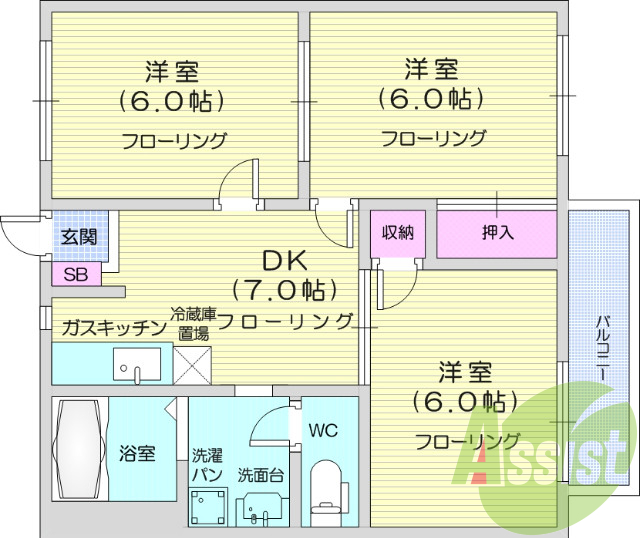 ※反転タイプ。3DK、エアコン、バストイレ別、独立洗面