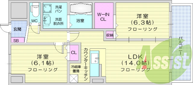 2LDK、南向き、日当たり良好、バストイレ別、追い焚き機能有