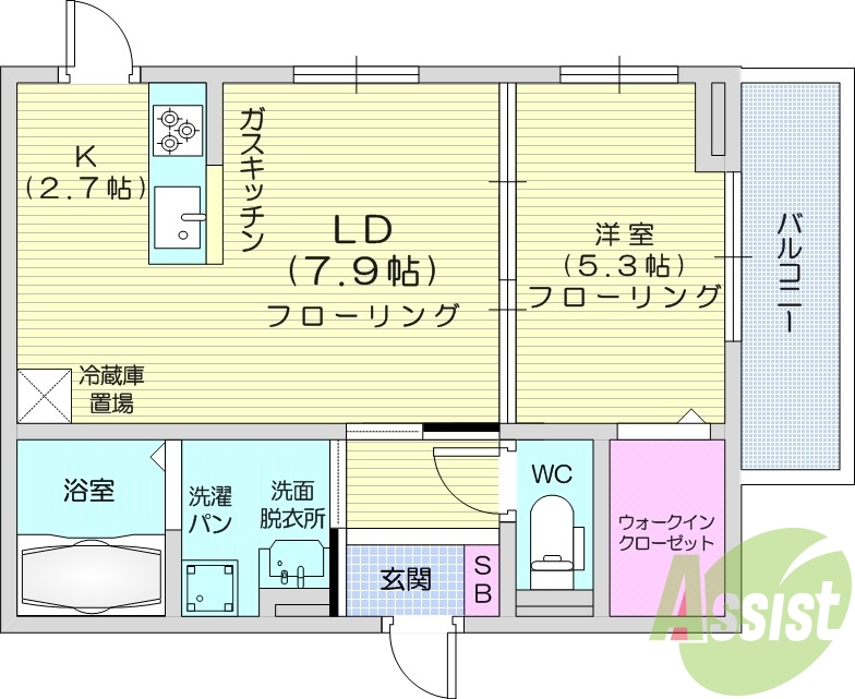 1LDK、ウォークインクローゼット、カウンターキッチン。