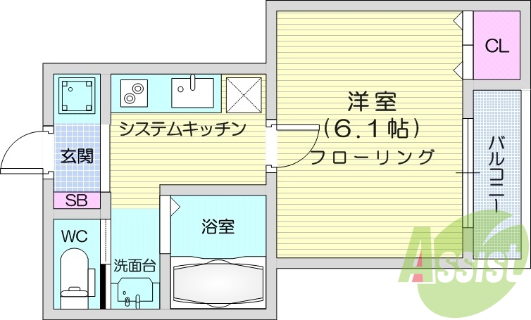 1K、浴室乾燥機、防犯カメラ、バルコニー。