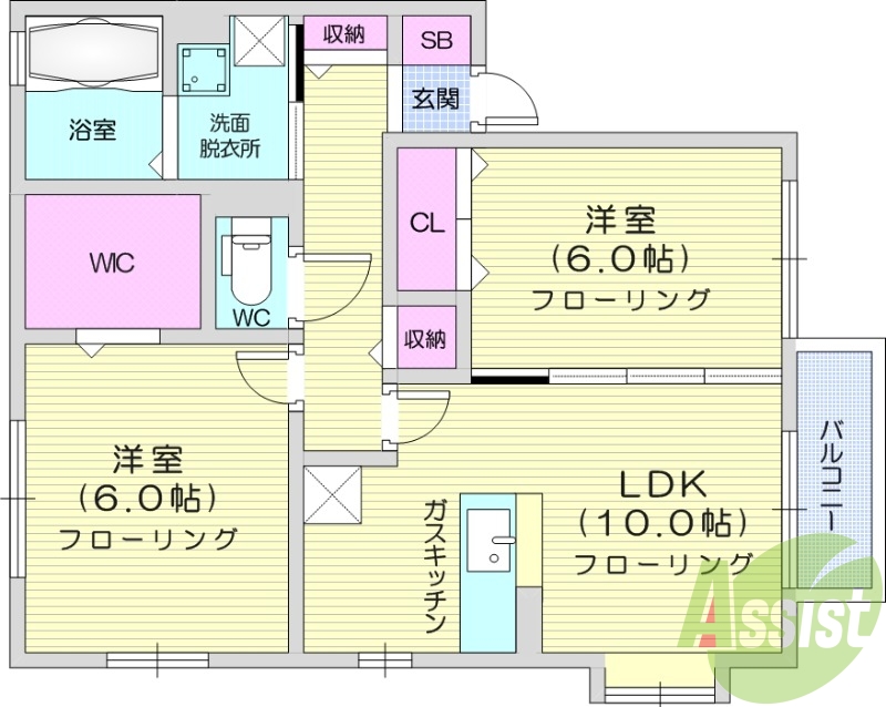 2LDK、追い焚き給湯、バストイレ別、南向き、ネット無料
