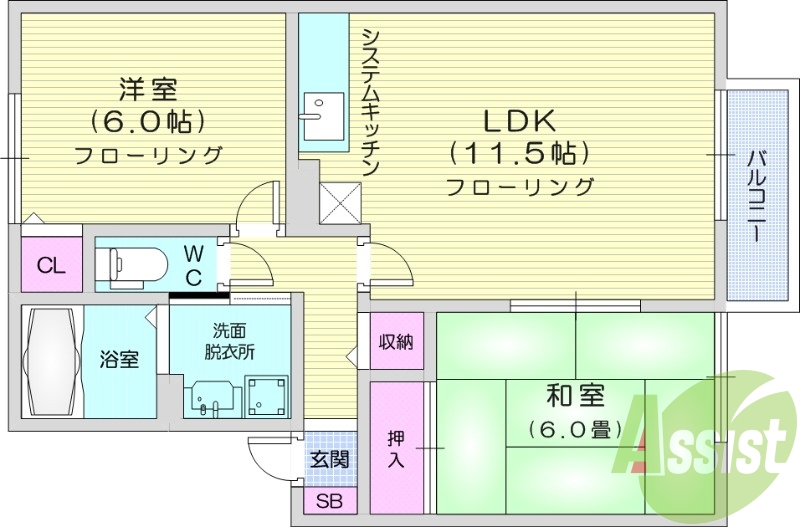 2LDK、和室、バルコニー、追い焚き給湯、物置付き