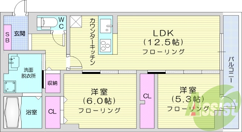 2LDK、南向き、バルコニー、システムキッチン、浴室乾燥機