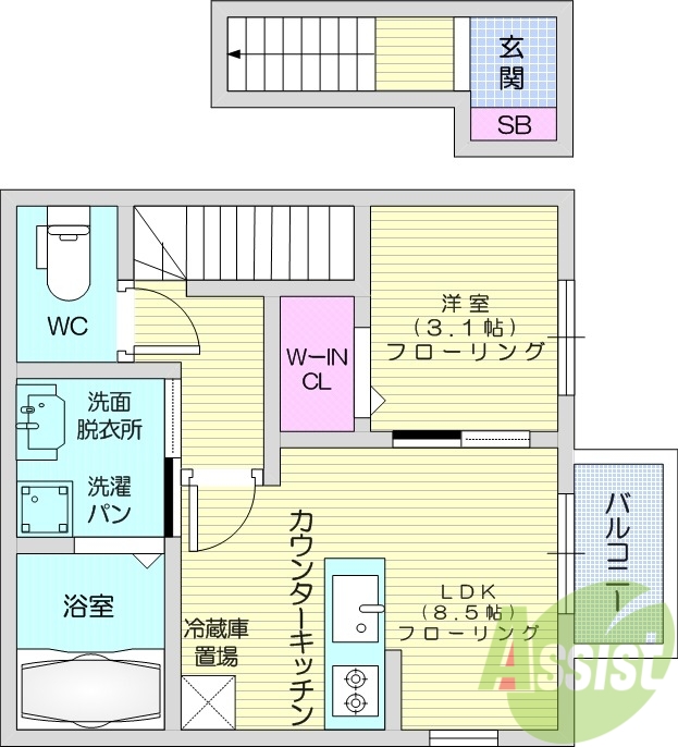 1LDK、ウォークインクローゼット、２口コンロ、浴室乾燥機