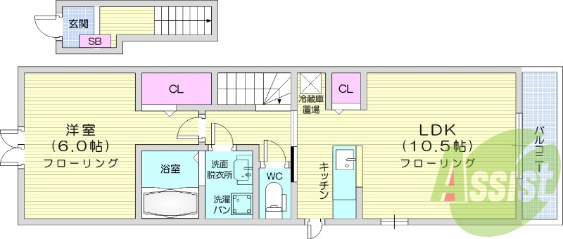 1LDK、モニター付きインターホン、バストイレ別