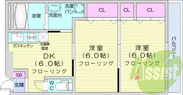2DK、BT別、南向き、温水洗浄便座、都市ガス