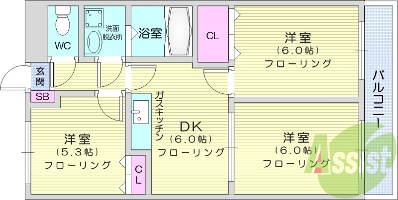 3DK、南向き、TVインターホン、追い焚き