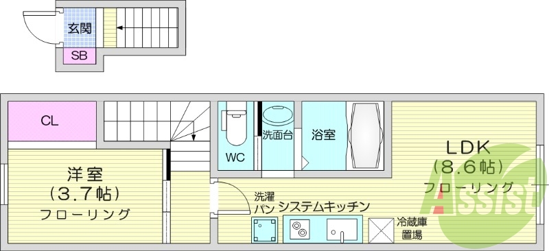 1LDK、デザイナーズ、システムキッチン、独立洗面台