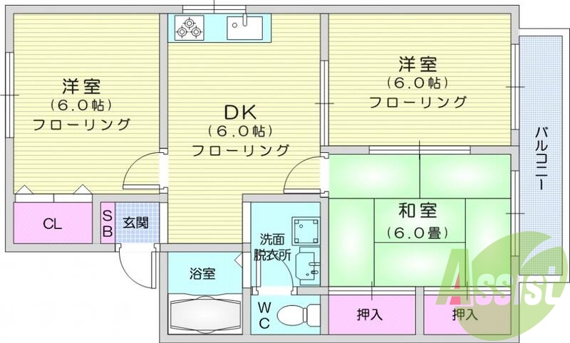 3DK、追い焚き機能、BS、温水便座機能付き。