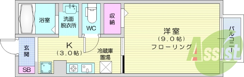 1K、シューズボックス、バストイレ別、バルコニー、エアコン