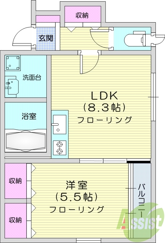 1LDK、インターネット使用料無料、独立洗面所