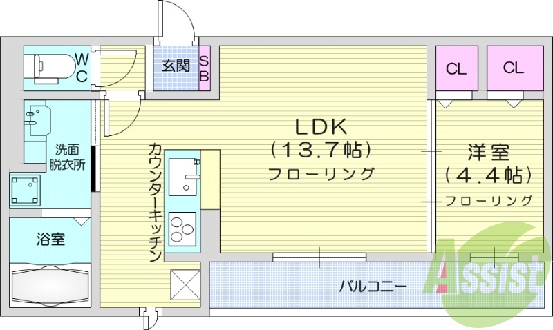 1LDK、エアコン、室内洗濯機置場、トイレ浴室別、収納