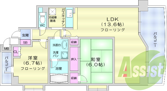 2LDK・エアコン、オートロック、バストイレ別、独立洗面台