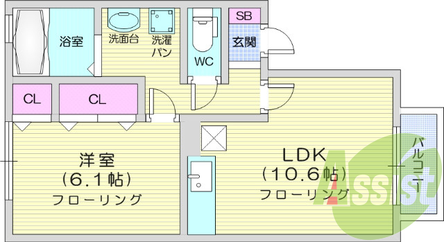 1LDK、エアコンバストイレ別、フローリング