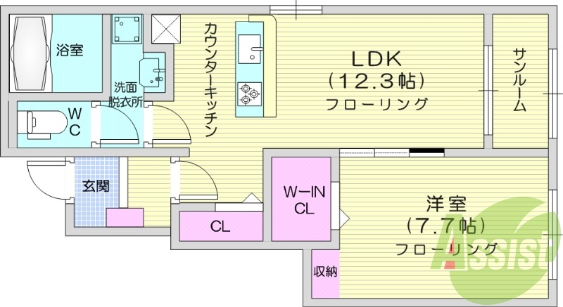 1LDK、サンルーム、ウォークインクローゼット