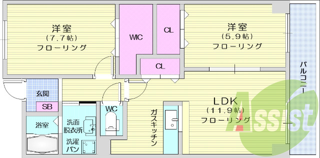 2LDK、ウォークインクローゼット、バルコニー、浴室乾燥機