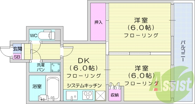 2DK、エアコン2台付、システムキッチン
