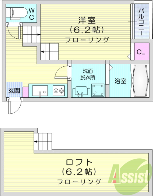 1K、エアコン、バストイレ別、独立洗面、ロフト
