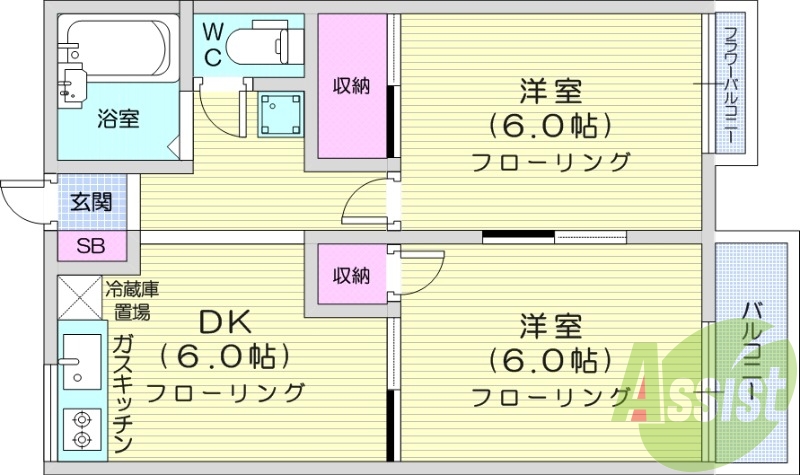 ２Dk、システムキッチン、エアコン、室内洗濯機置場