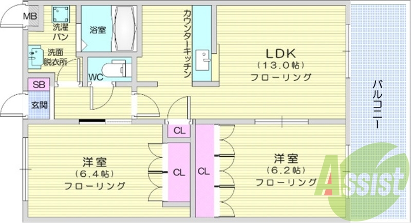 2LDK、カウンターキッチン、バストイレ別、浴室乾燥機