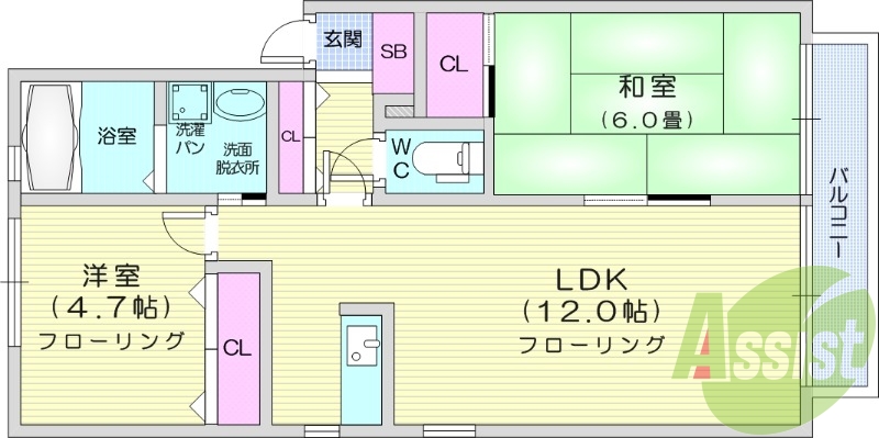 2DK、バストイレ別、温水洗浄便座付き、室内洗濯置場