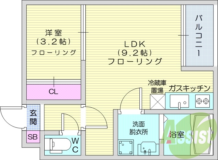 1LDK、システムキッチン、浴室乾燥機、オートロック