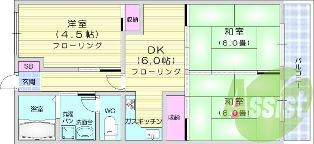 ３ＤＫ、都市ガス、L字キッチン、独立洗面台