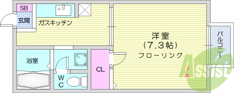 1K、陽当たり良好、バストイレ別、バルコニー付き