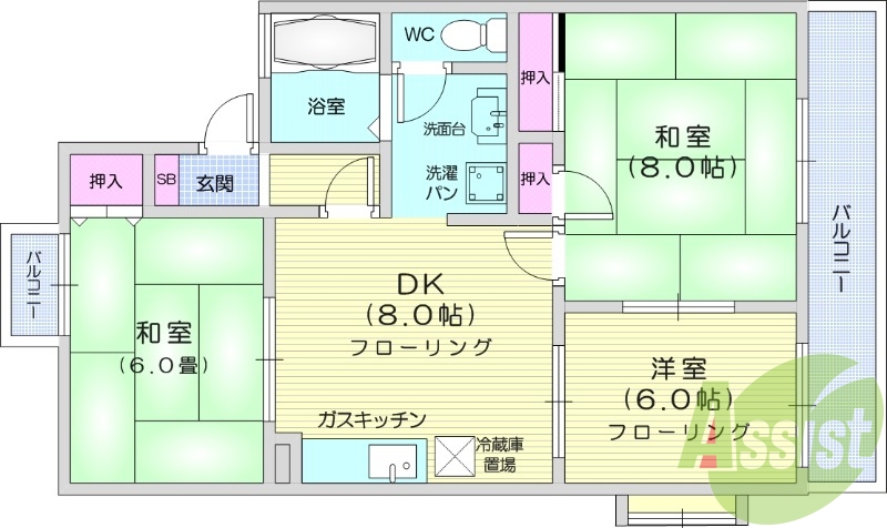3DK、バルコニー、独立洗面台、室内乾燥機付き