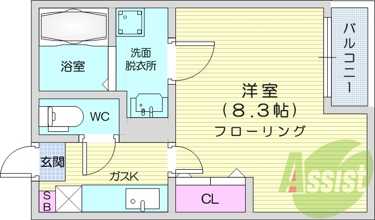１K、バス・トイレ別、洗髪化粧台、専用ゴミ置き場、エアコン