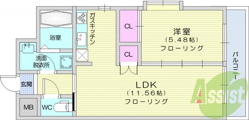 2ｋ、フローリング、エアコン、洗髪独立洗面
