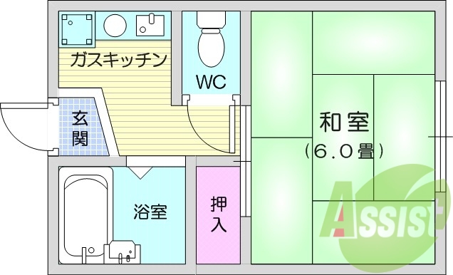 １Ｋ、和室、浴室、洗面台、トイレ、ガスキッチン、押入。