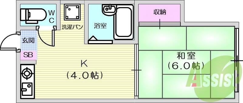 1K、バス・トイレ別、エアコン、シャワー、