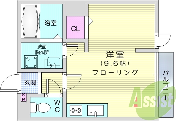 ワンルーム、設備充実、システムキッチン、洗面化粧台