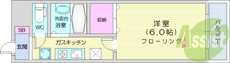 1K、都市ガス、バストイレ別、温水洗浄便座